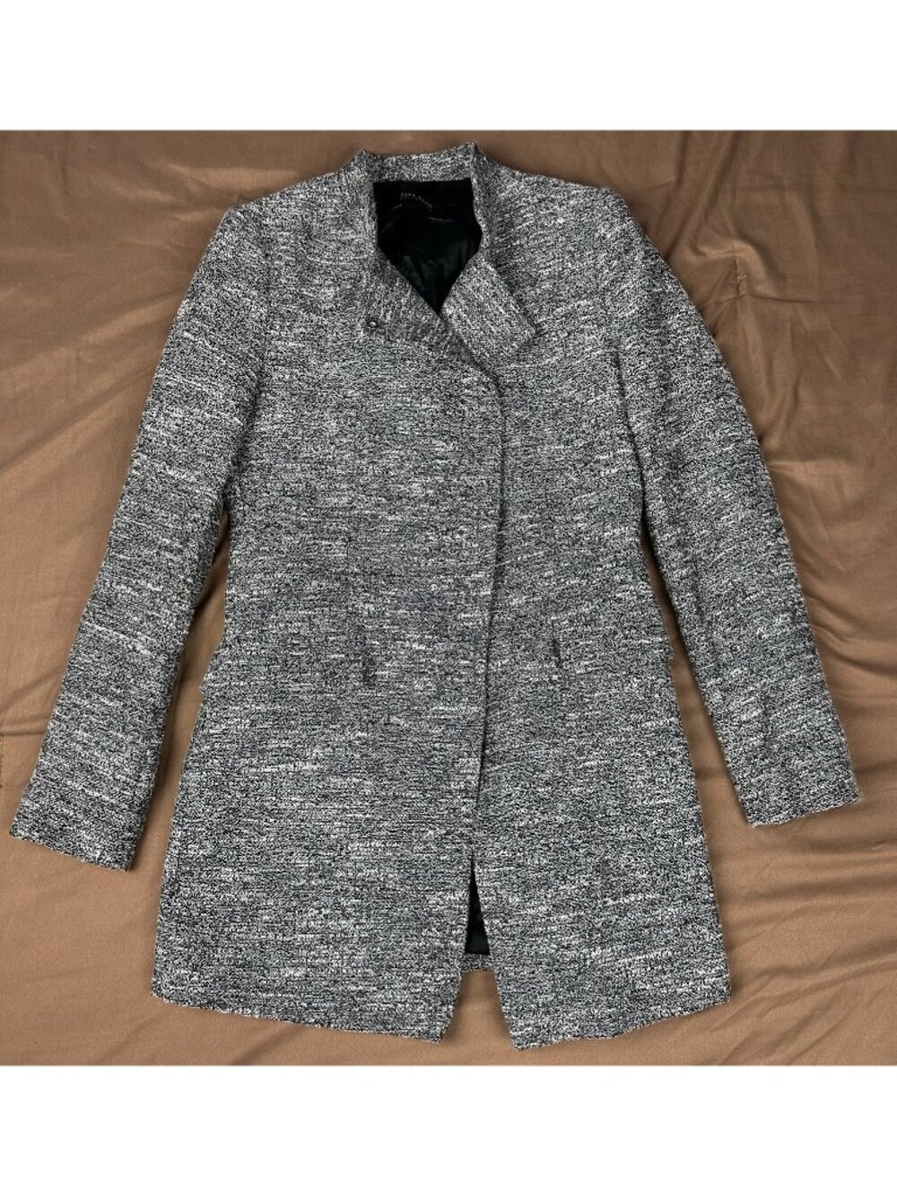 Zara Basic Gray Tweed Jacket Asymmetric Collar Coat Women's Size M - Picture 4 of 11